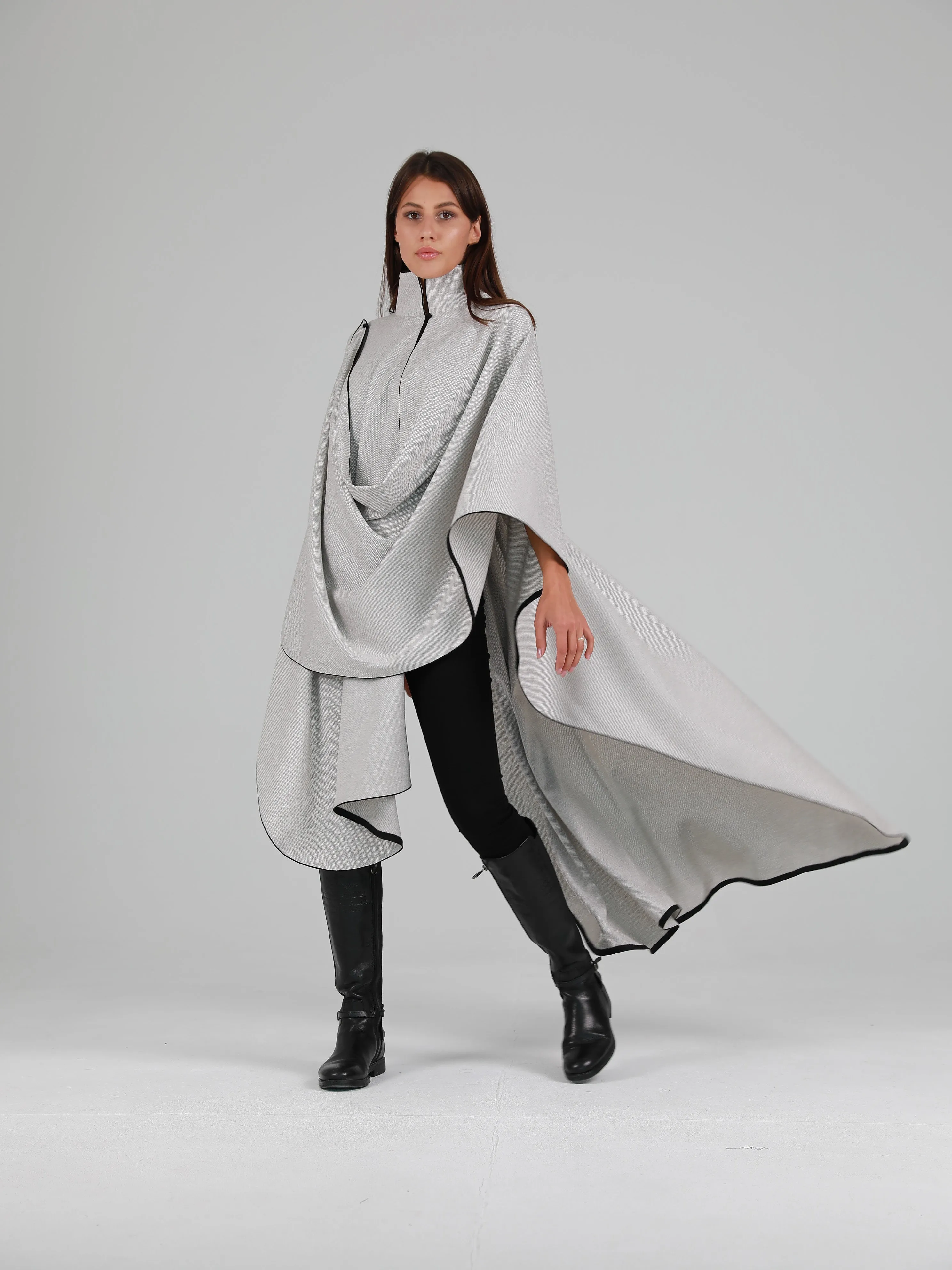 High Mandarin Collar Asymmetric Cape - Grey