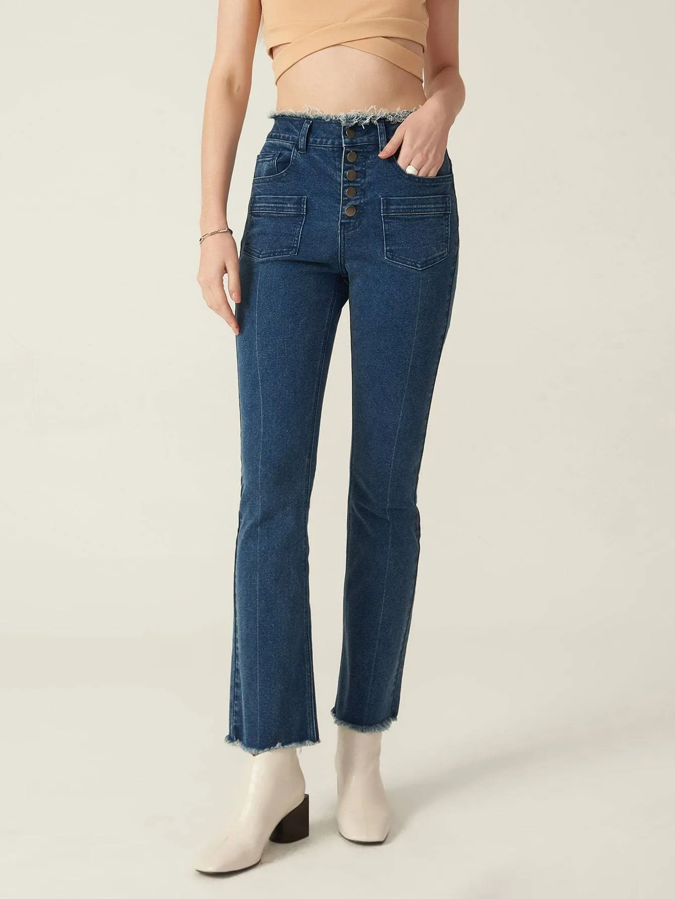 High Waist Cotton Buttoned Bootcut Leg Button Fly Jeans