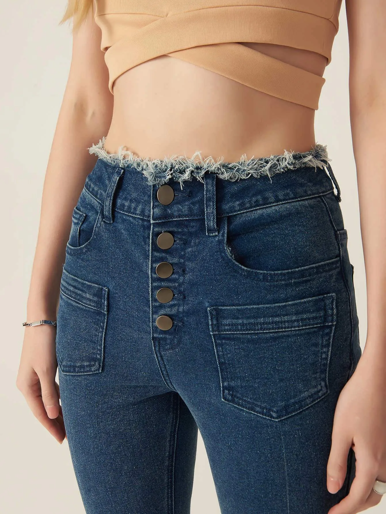 High Waist Cotton Buttoned Bootcut Leg Button Fly Jeans