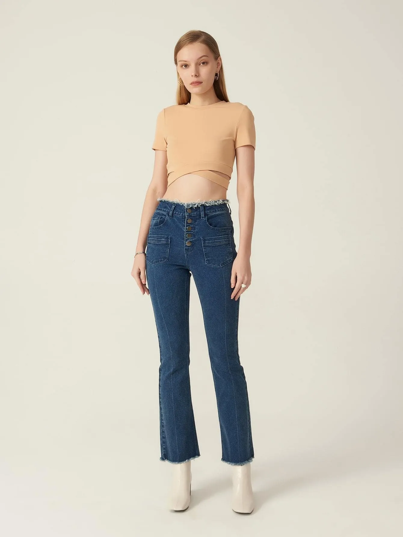 High Waist Cotton Buttoned Bootcut Leg Button Fly Jeans