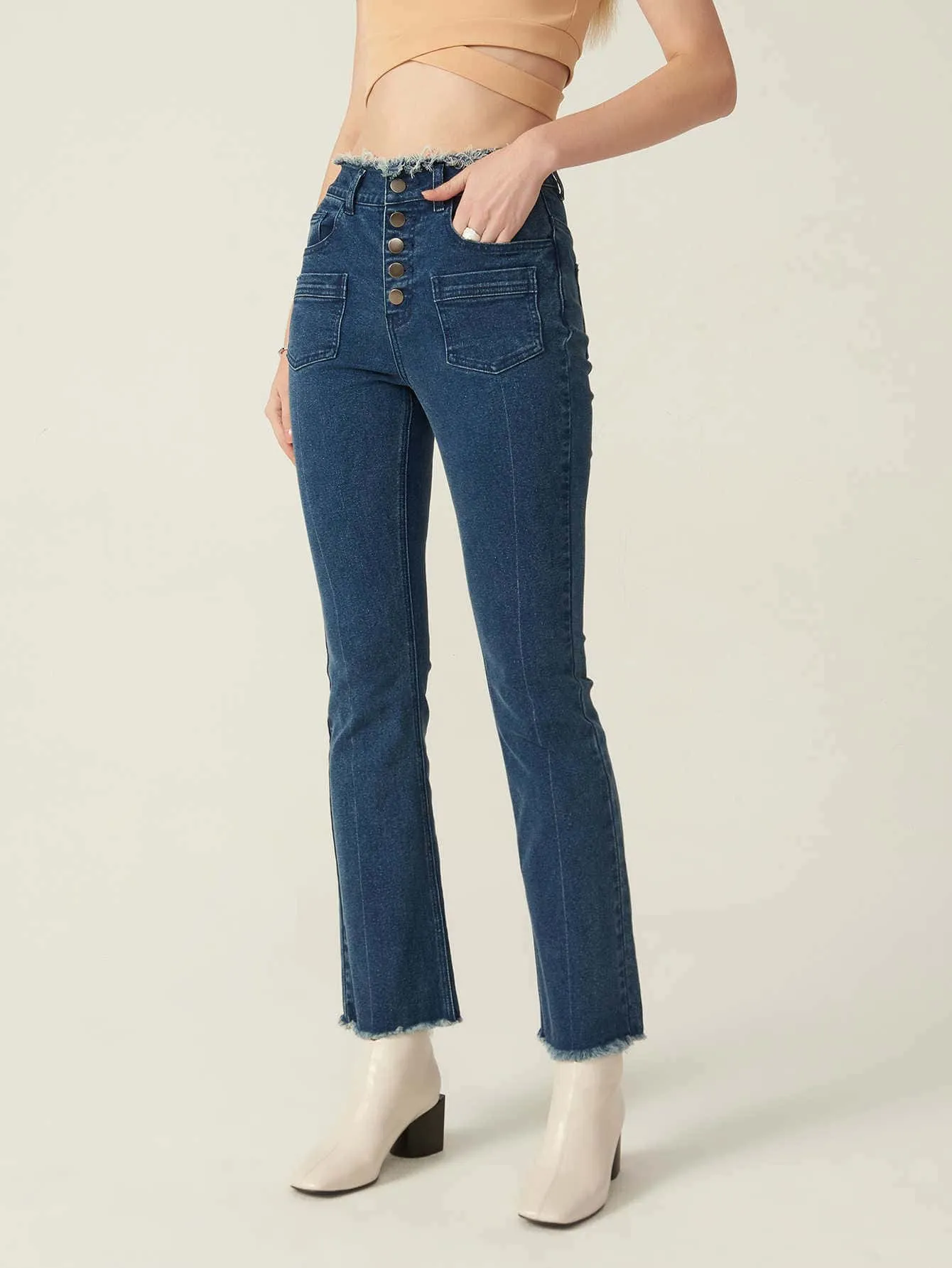 High Waist Cotton Buttoned Bootcut Leg Button Fly Jeans