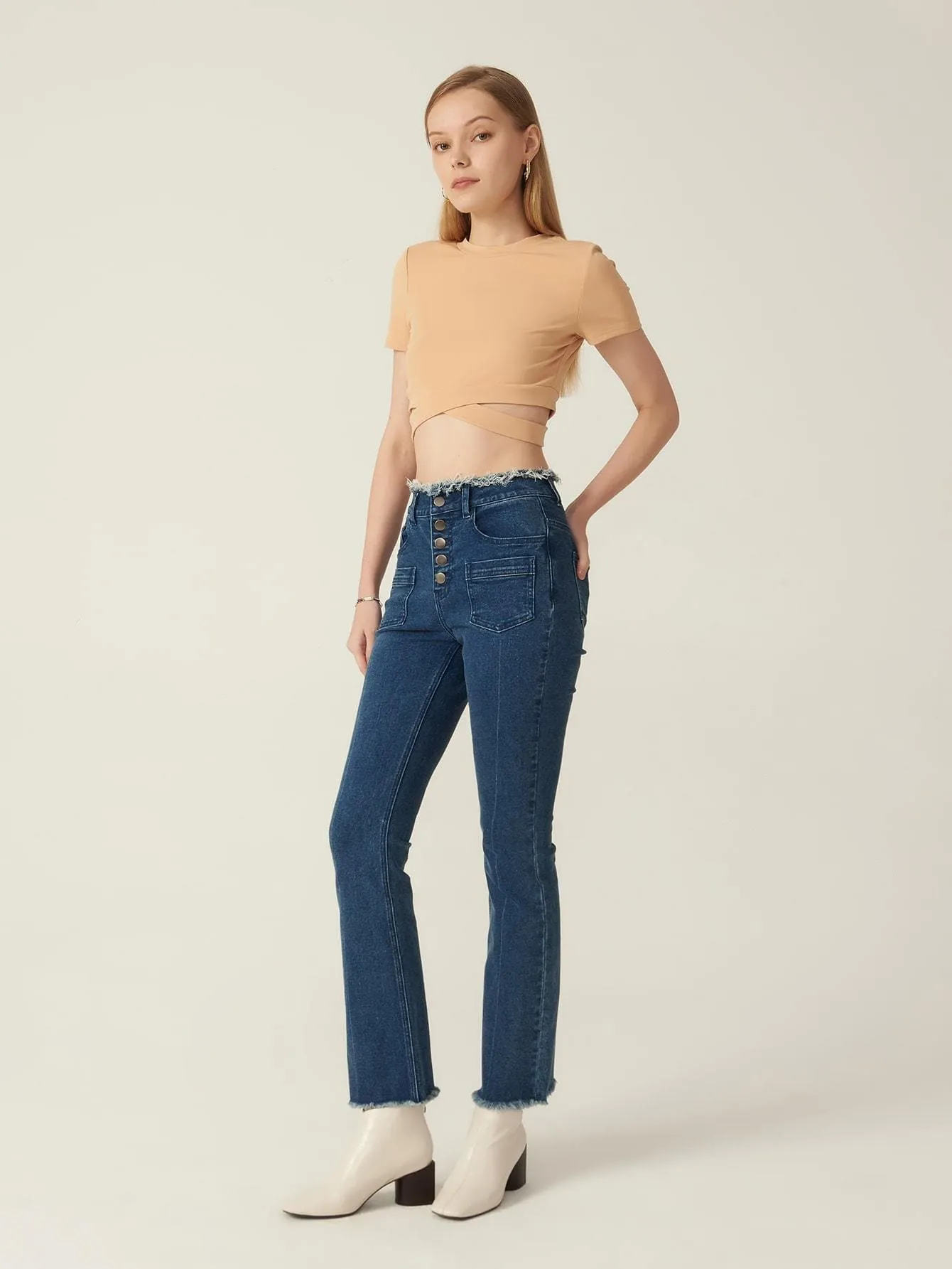 High Waist Cotton Buttoned Bootcut Leg Button Fly Jeans