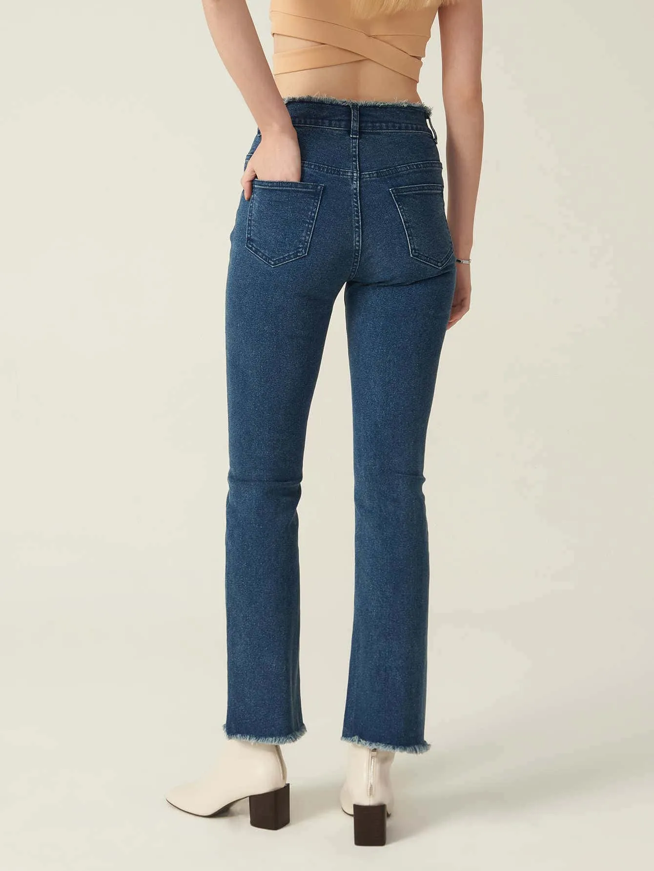 High Waist Cotton Buttoned Bootcut Leg Button Fly Jeans