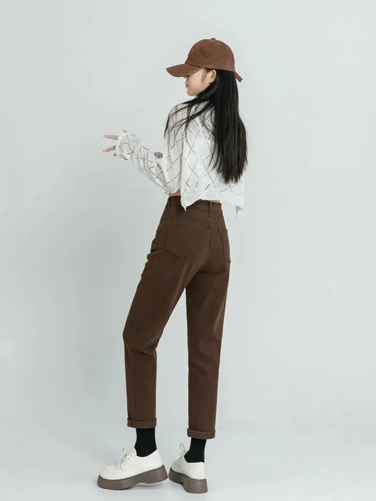 High Waist Elastic Vintage Casual Autumn Winter Brown Jean