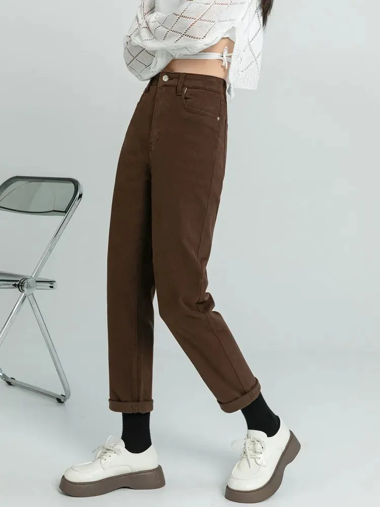 High Waist Elastic Vintage Casual Autumn Winter Brown Jean