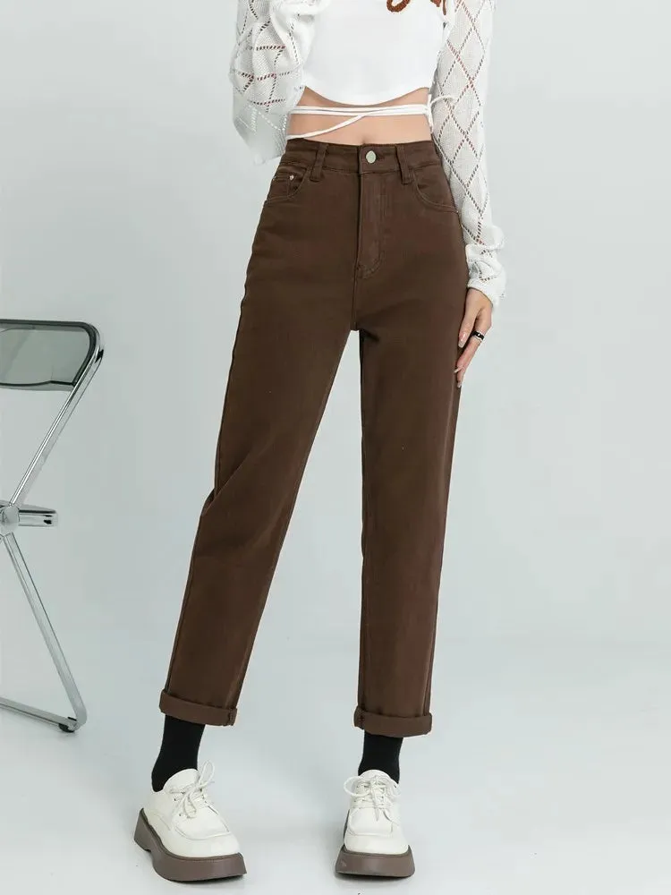 High Waist Elastic Vintage Casual Autumn Winter Brown Jean