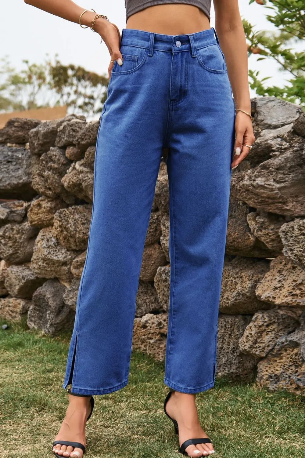 High Waist Loose Fit Ankle Slit Jeans