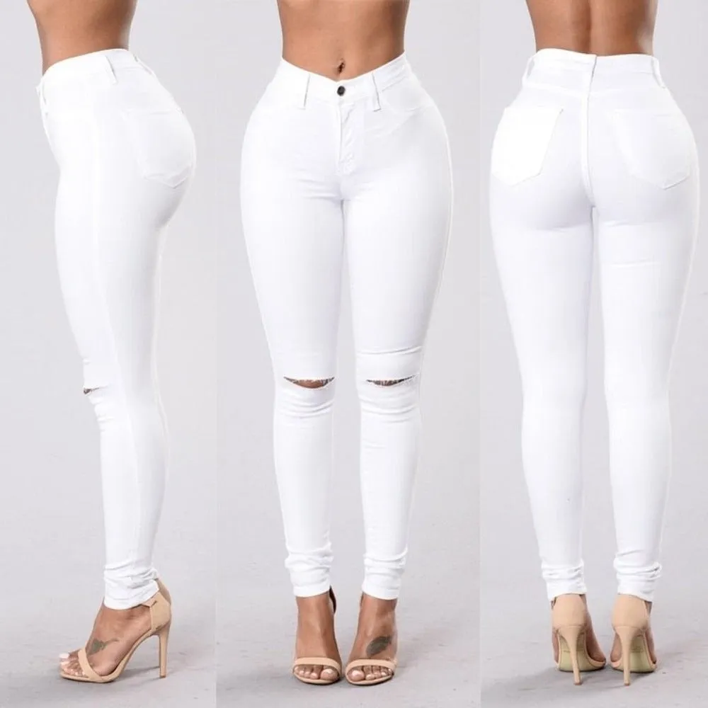 High Waist Ripped Slim Fit Jeans For Women