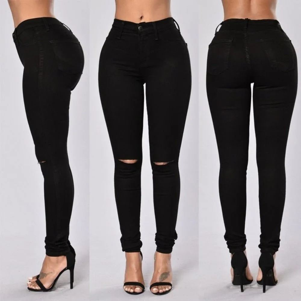 High Waist Ripped Slim Fit Jeans For Women