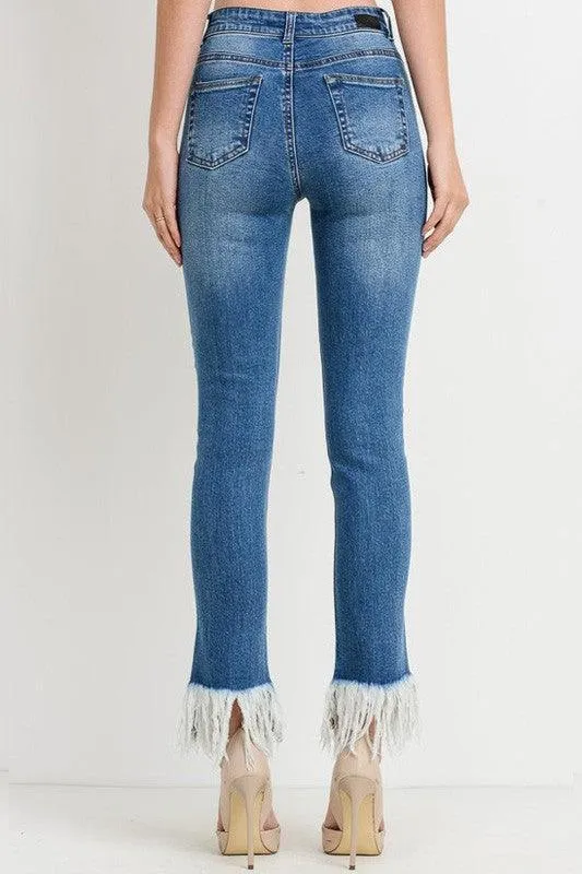 High Waist Straight Fit Jean With Frayed Hem