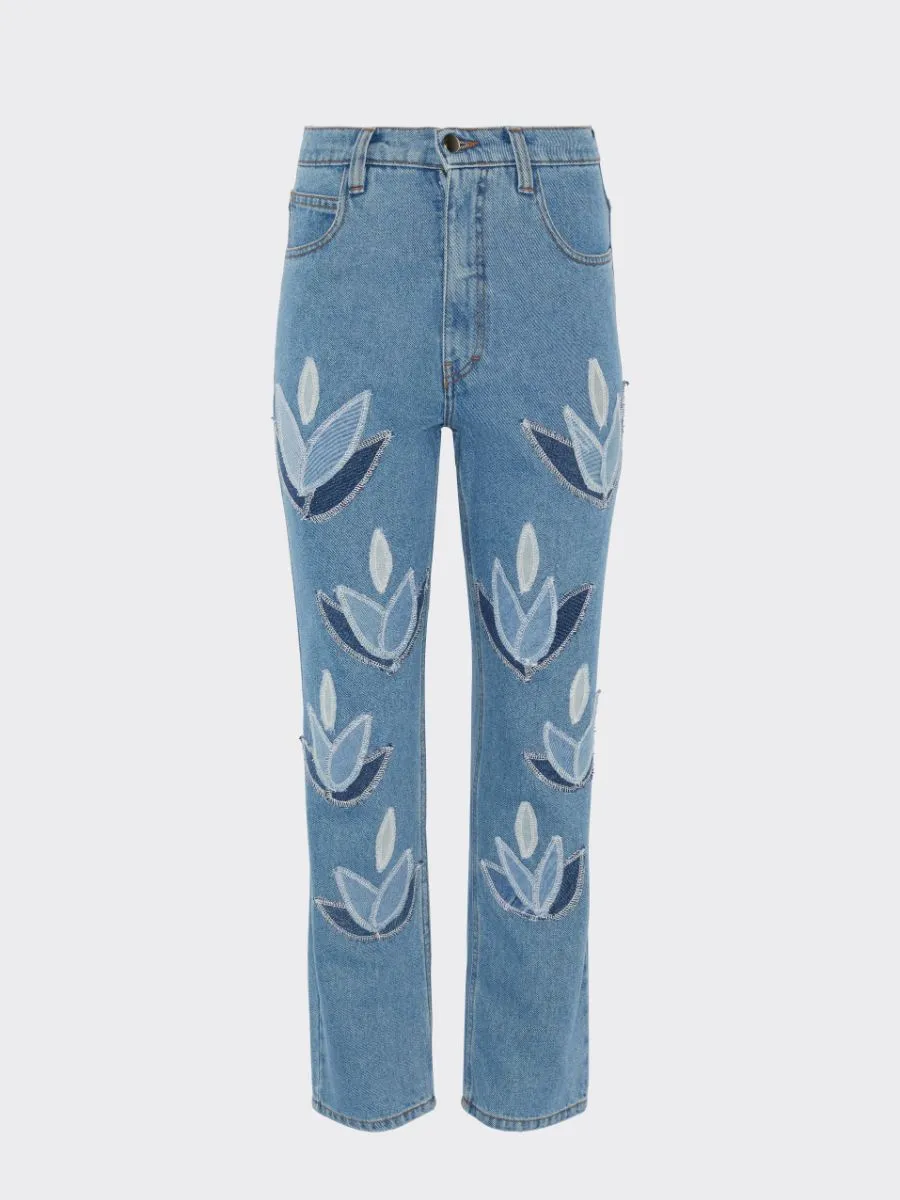 High Waisted Organic & Recycled Upcycled Denim Leaf Blue Jeans