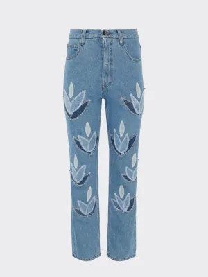 High Waisted Organic & Recycled Upcycled Denim Leaf Blue Jeans