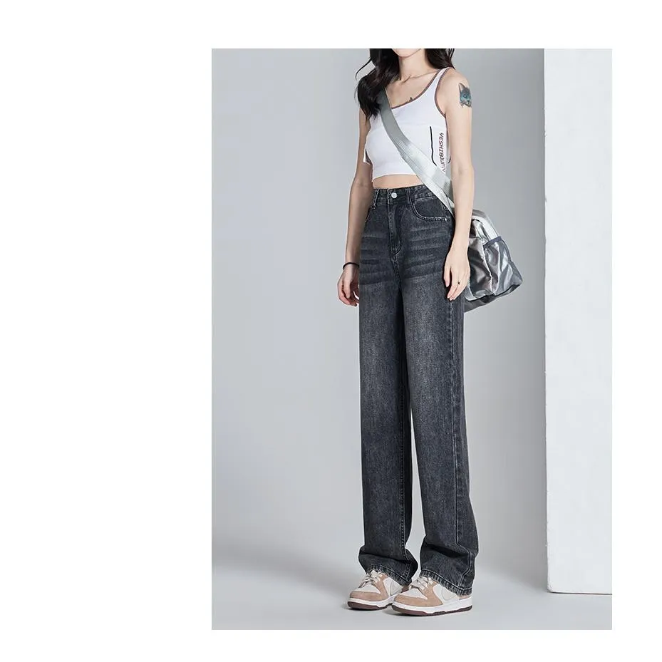 High-Waisted Thin Slimming Draping Versatile Loose Fit Straight Leg Jeans