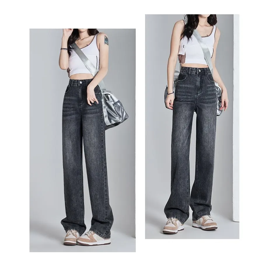 High-Waisted Thin Slimming Draping Versatile Loose Fit Straight Leg Jeans