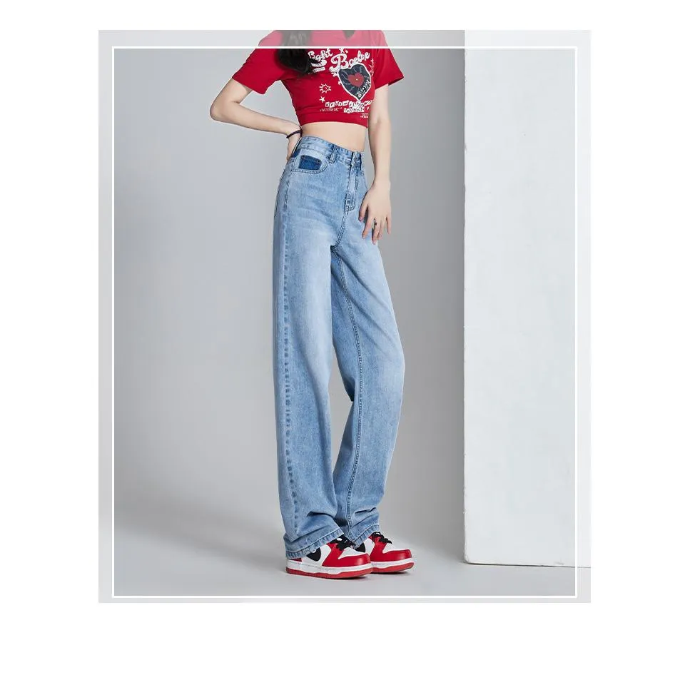 High-Waisted Thin Slimming Draping Versatile Loose Fit Straight Leg Jeans