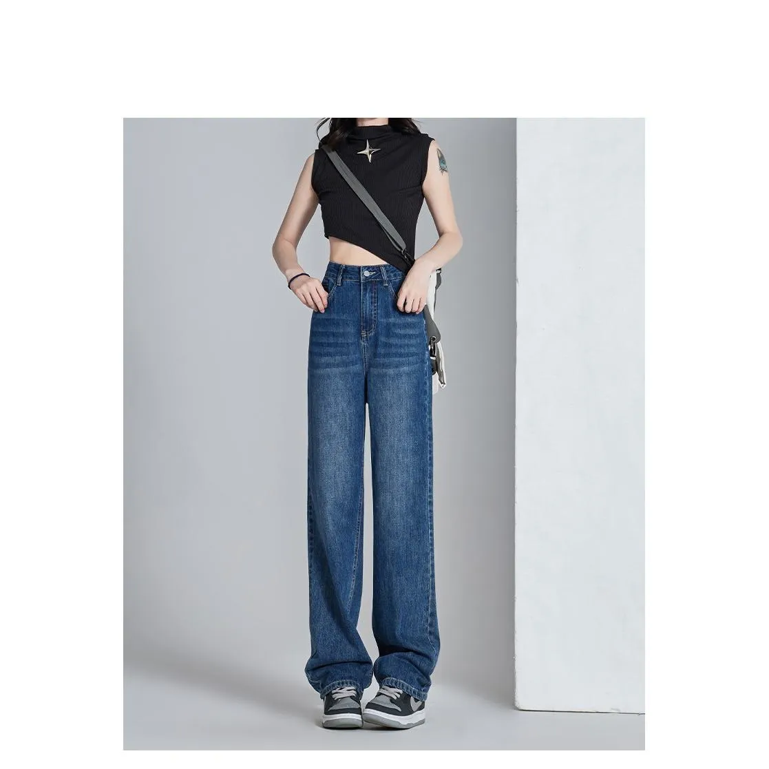 High-Waisted Thin Slimming Draping Versatile Loose Fit Straight Leg Jeans