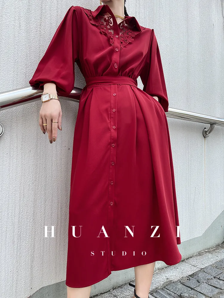 Huanzi custom embroidery hollow lace square collar red sexy midi dress - Buoem