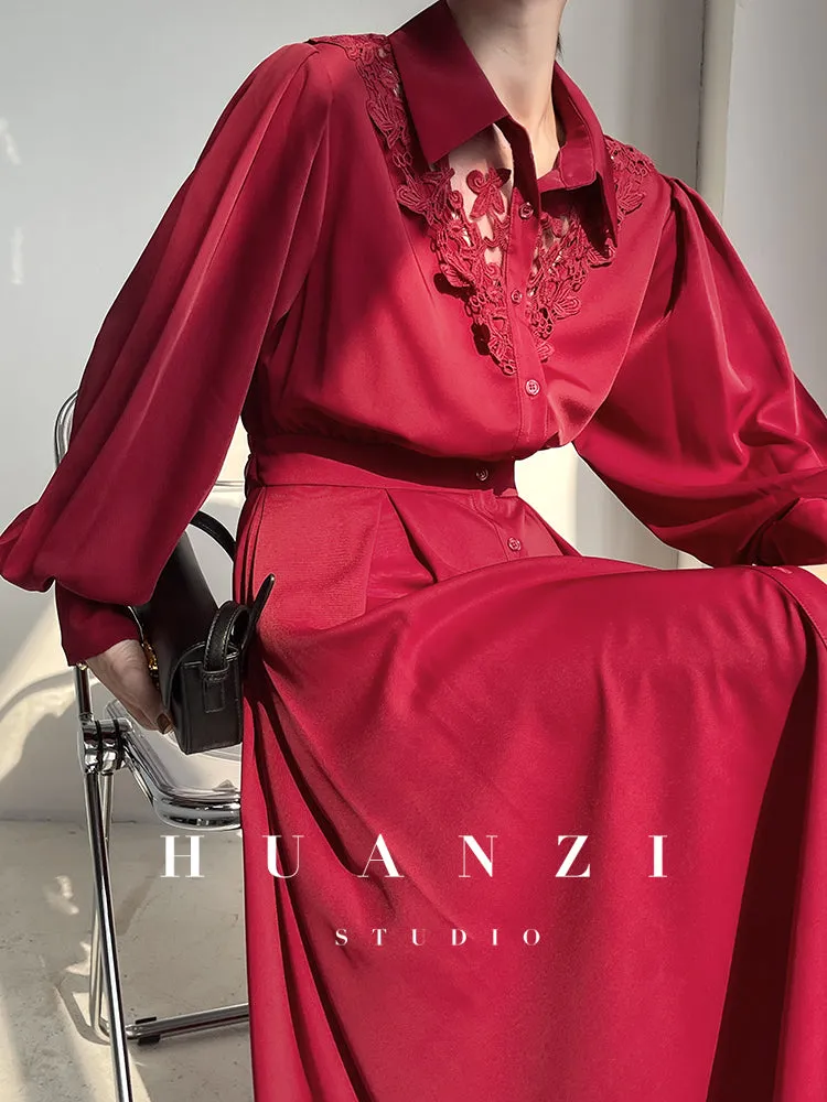 Huanzi custom embroidery hollow lace square collar red sexy midi dress - Buoem