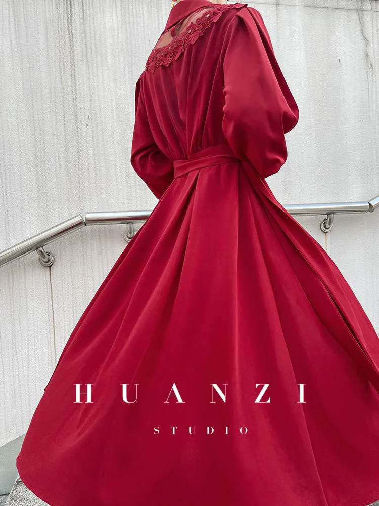 Huanzi custom embroidery hollow lace square collar red sexy midi dress - Buoem