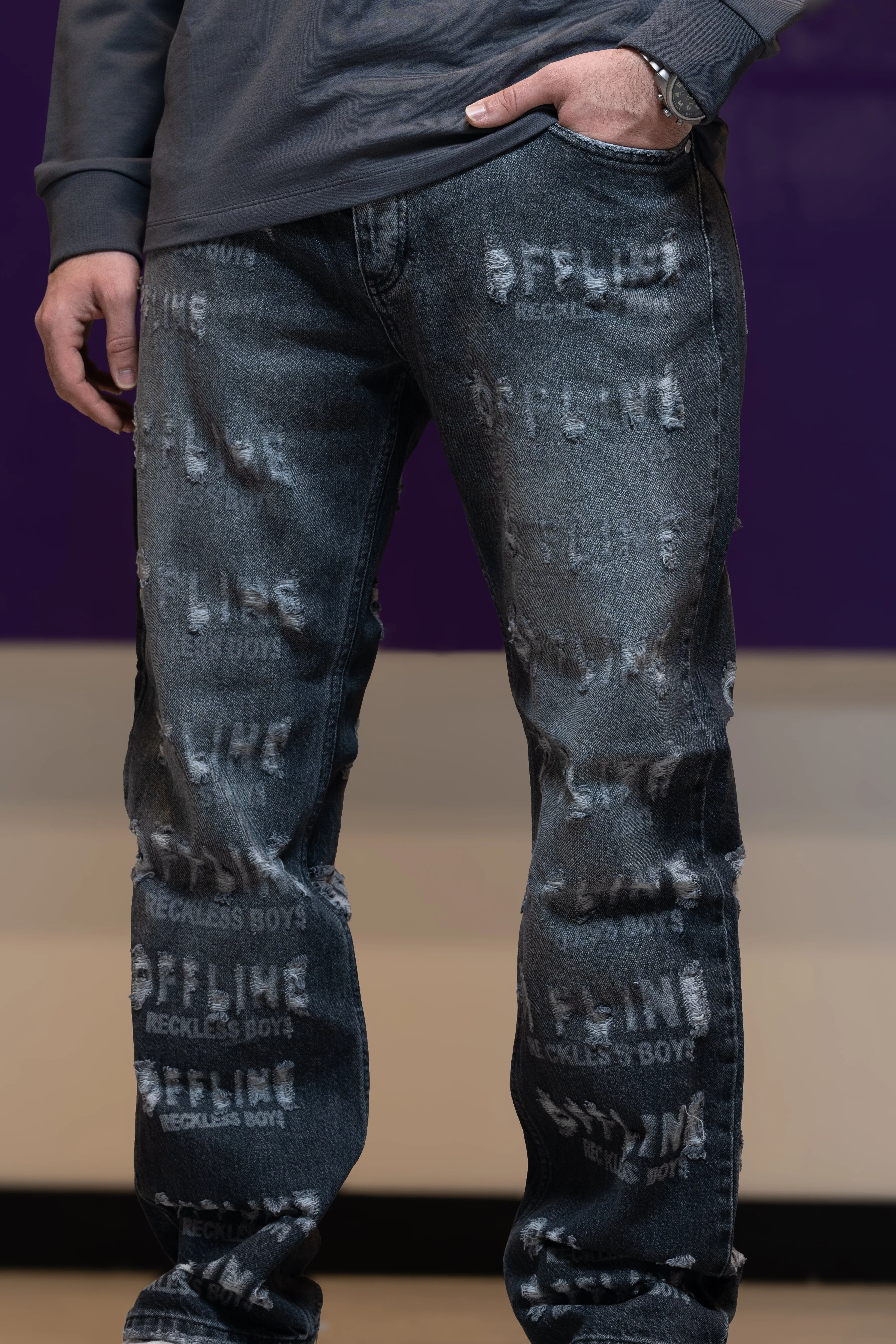 Jeans Donkergrijs met offline design  | 77177