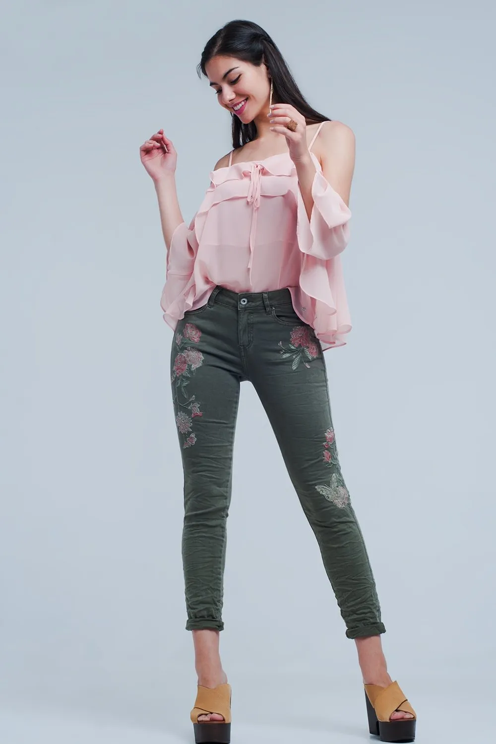 Khaki Jeans With Embroidered Flower