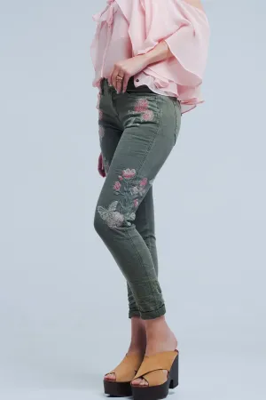 Khaki Jeans With Embroidered Flower