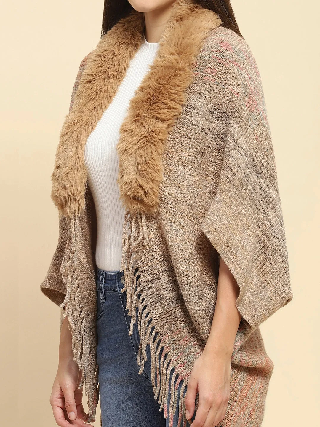 Khaki Mélange Acrylic Knitted Relaxed Fit Cape