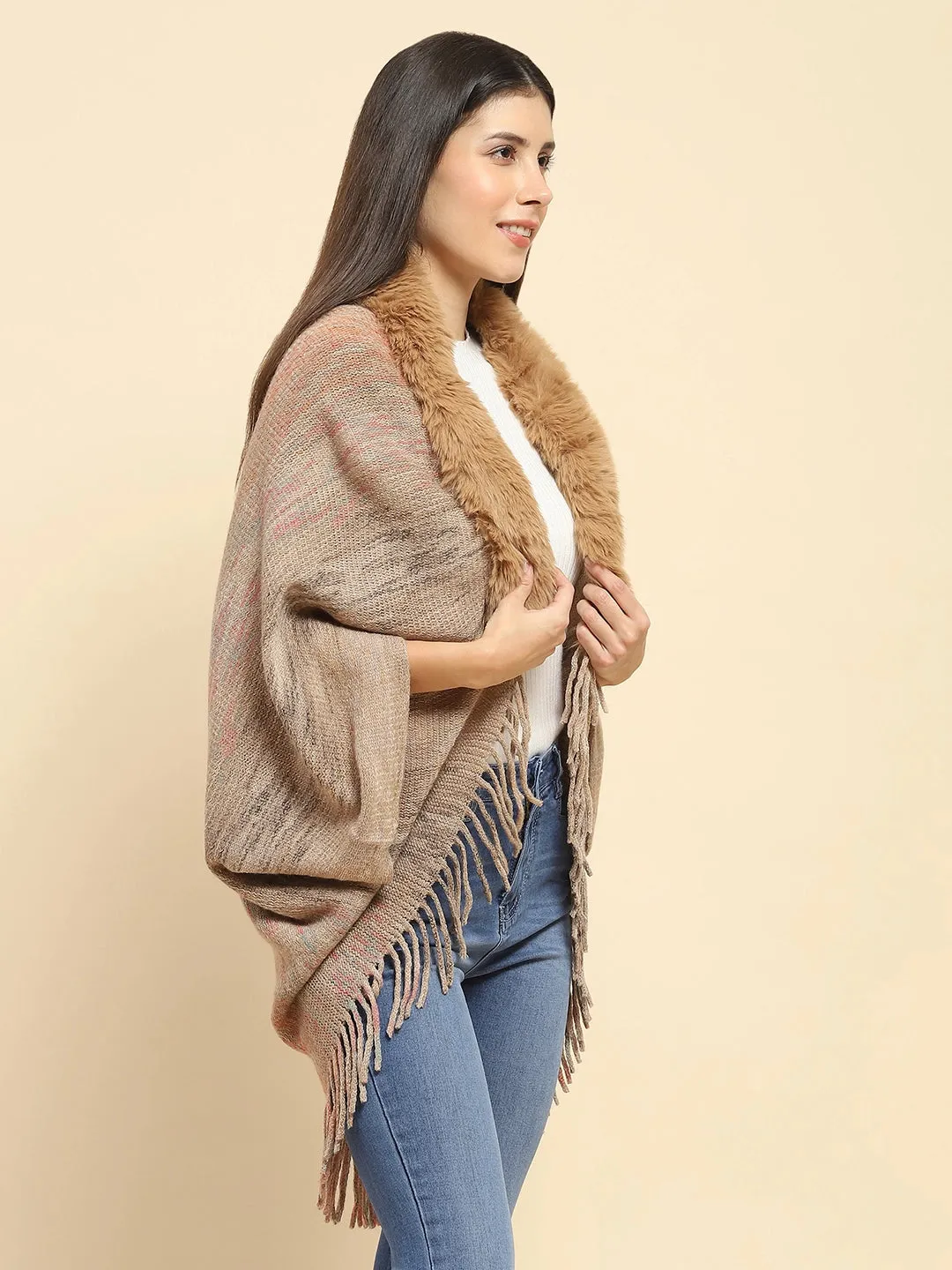 Khaki Mélange Acrylic Knitted Relaxed Fit Cape