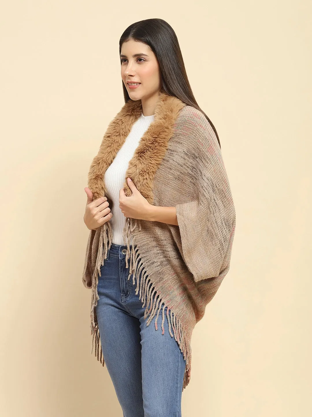 Khaki Mélange Acrylic Knitted Relaxed Fit Cape