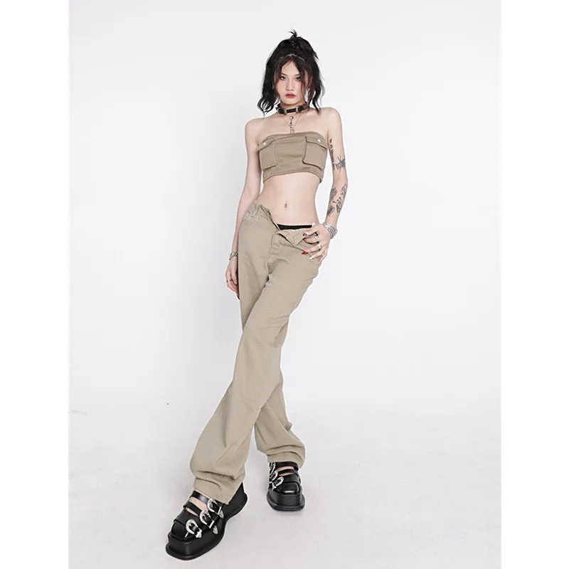 KittenAlarm - Women's Khaki Wide Leg Jeans Star Pocket Vintage Straight Pants High Waist Baggy Streetwear Casual Brown Denim Trouser Ladies