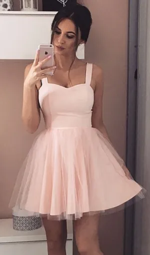 Knee Length Straps Blush Tulle Homecoming Dress