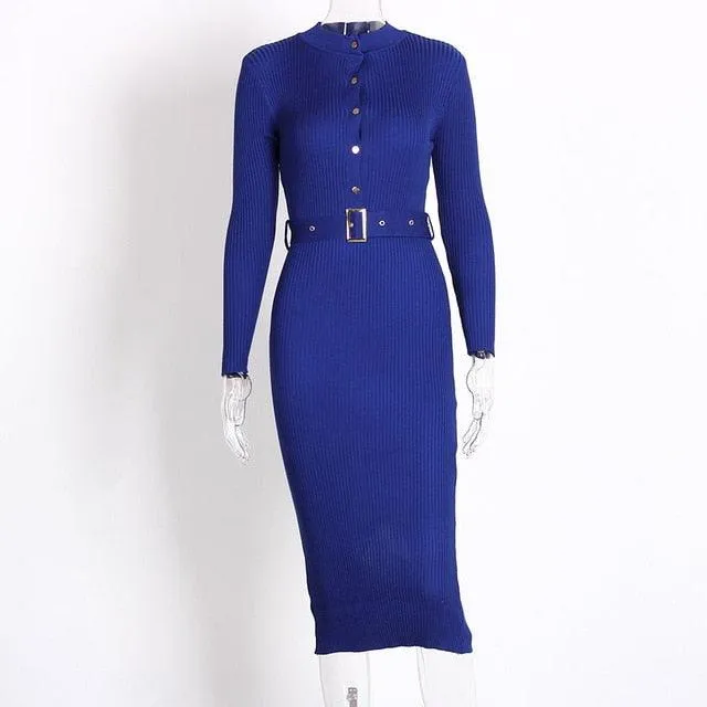 Knitted Button Long Sleeve Pencil Midi Dress