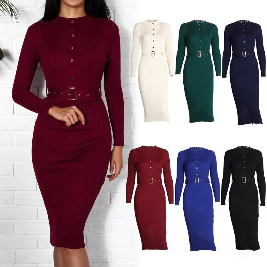 Knitted Button Long Sleeve Pencil Midi Dress