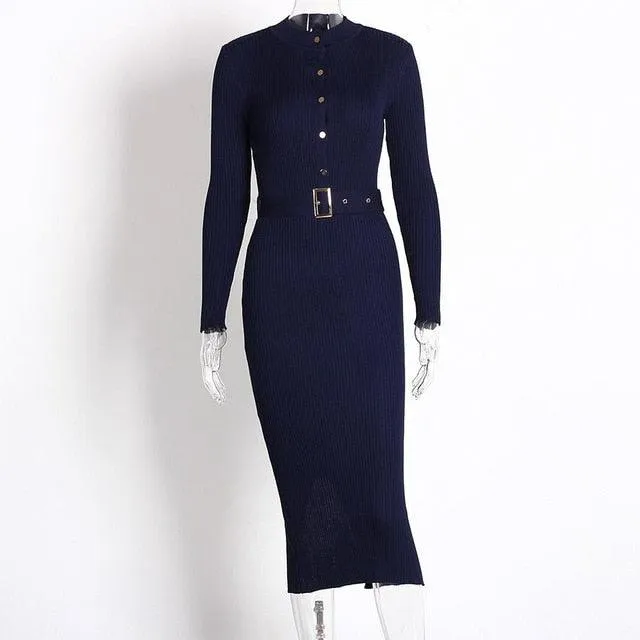 Knitted Button Long Sleeve Pencil Midi Dress