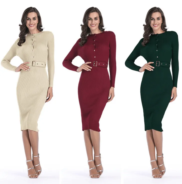 Knitted Button Long Sleeve Pencil Midi Dress