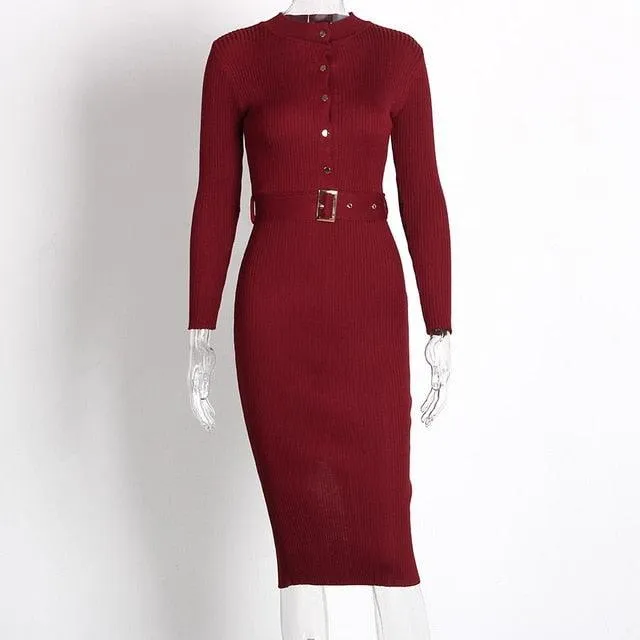 Knitted Button Long Sleeve Pencil Midi Dress