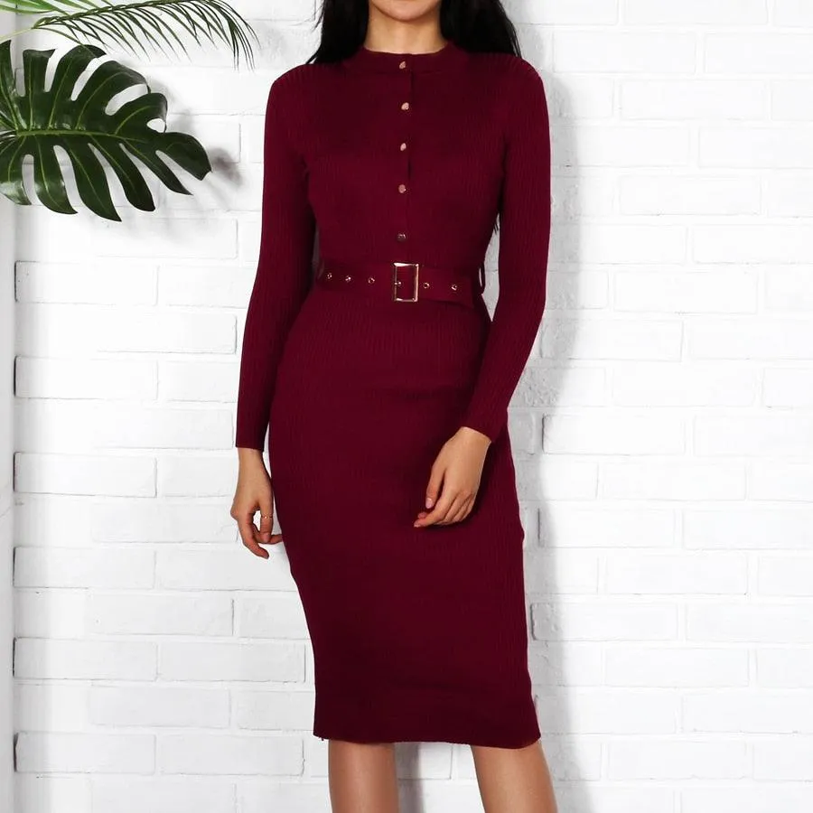 Knitted Button Long Sleeve Pencil Midi Dress