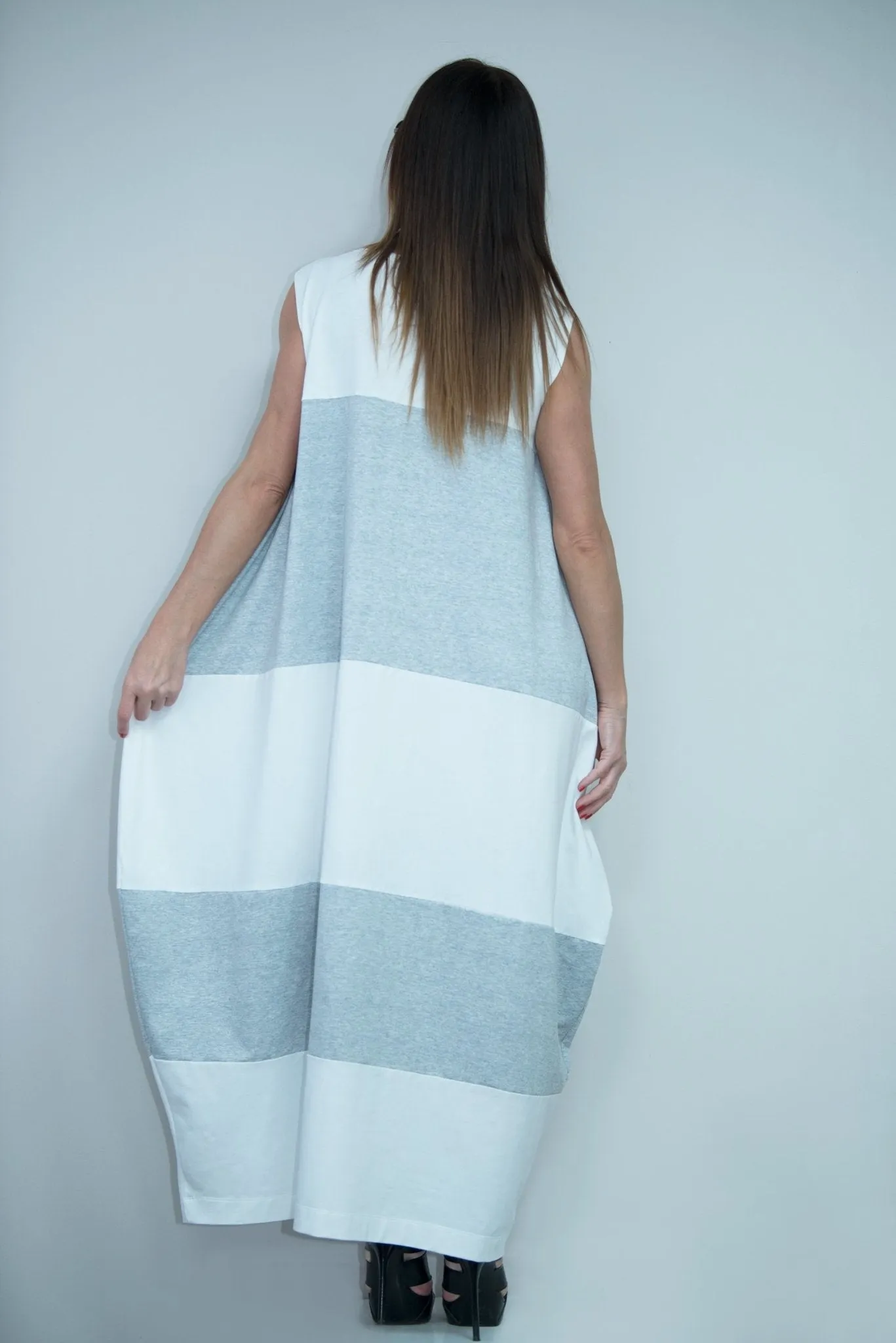 KORA White and Light Gray Summer Dress with 2 sides pockets