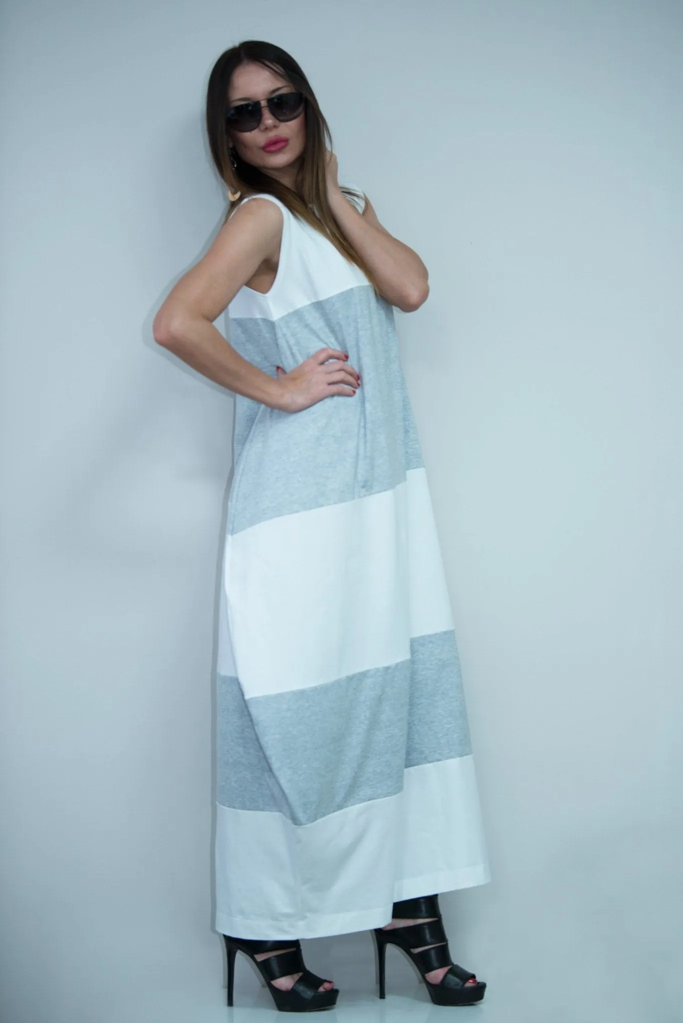 KORA White and Light Gray Summer Dress with 2 sides pockets