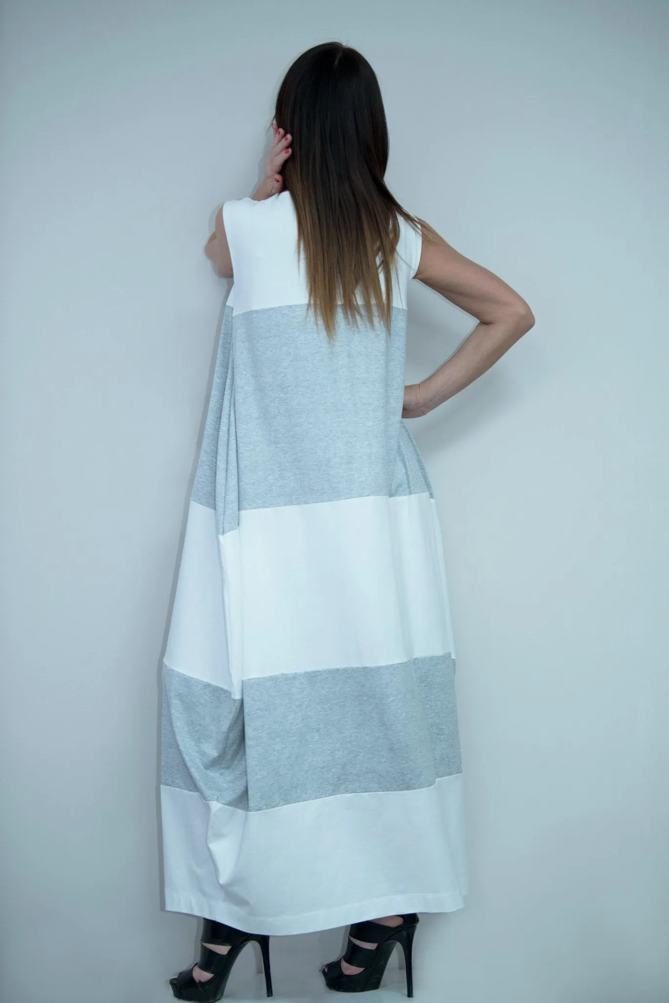 KORA White and Light Gray Summer Dress with 2 sides pockets