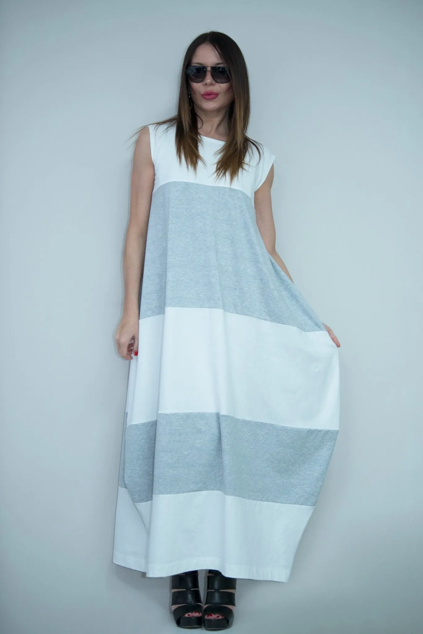 KORA White and Light Gray Summer Dress with 2 sides pockets