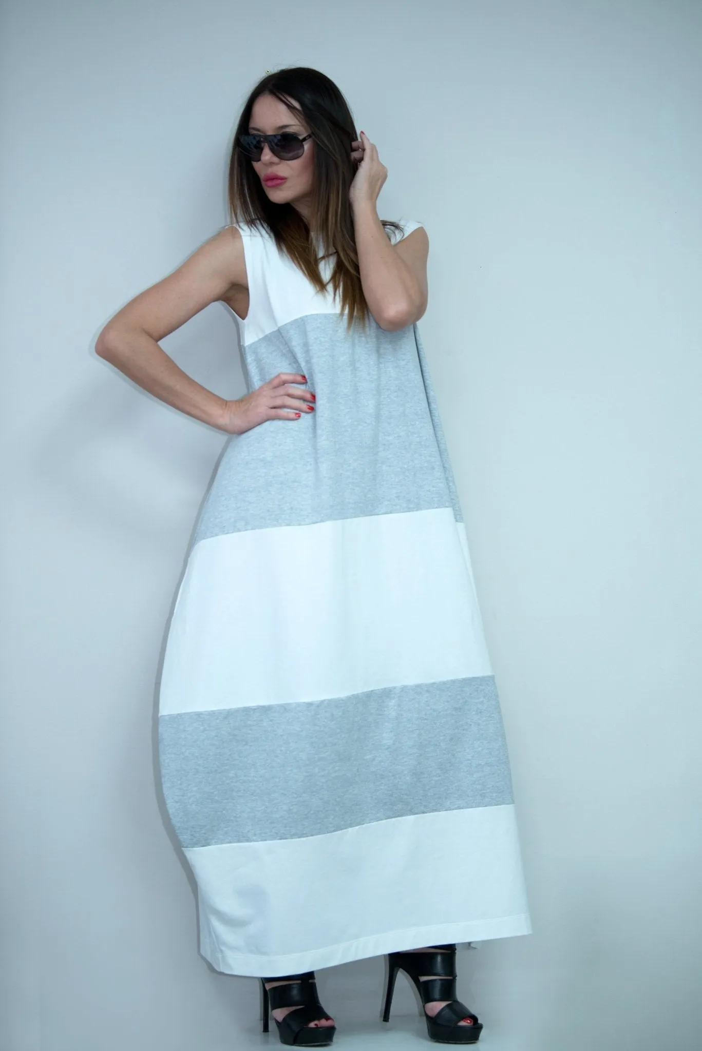 KORA White and Light Gray Summer Dress with 2 sides pockets