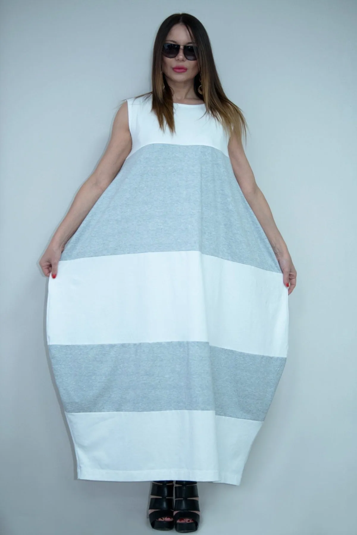 KORA White and Light Gray Summer Dress with 2 sides pockets