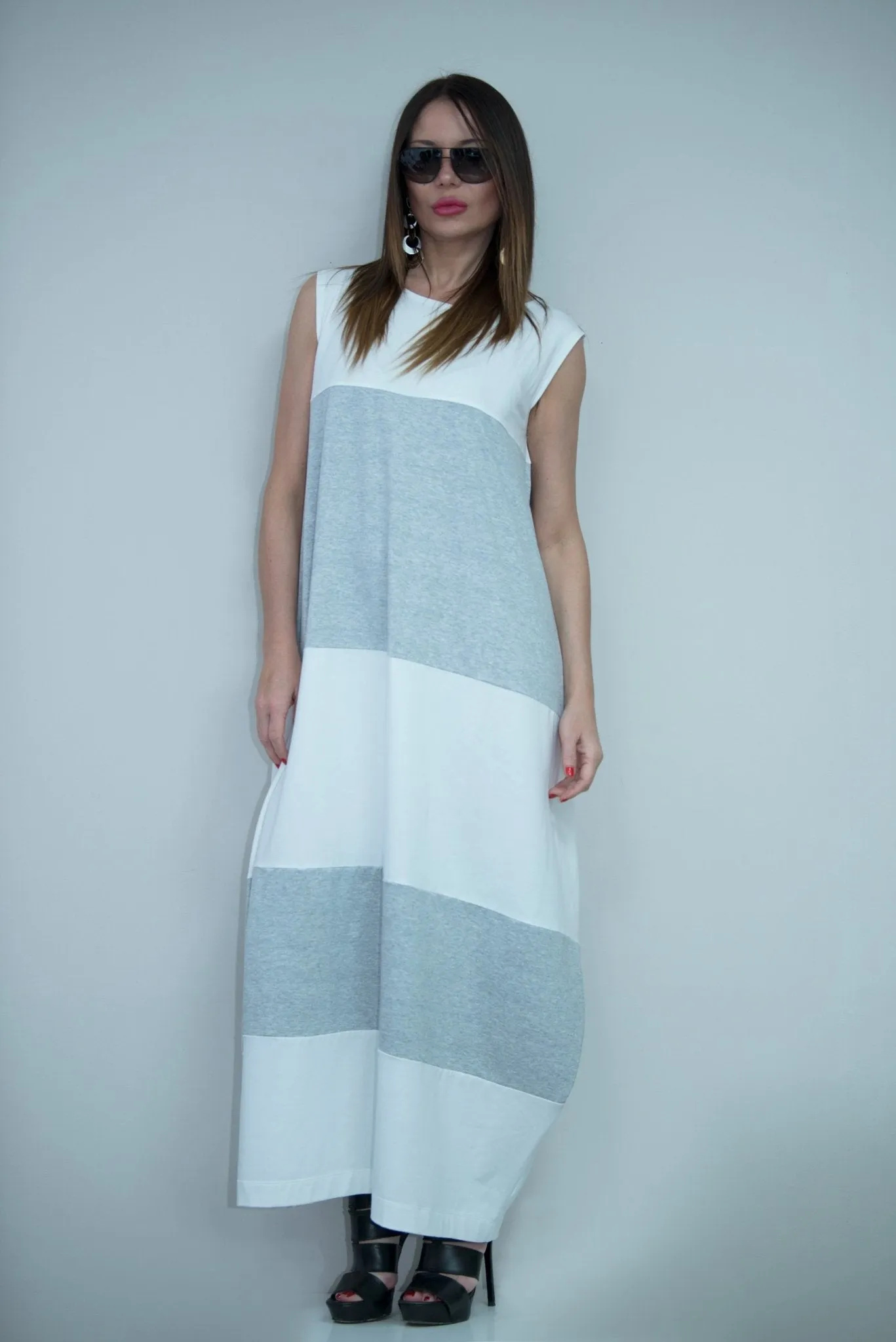 KORA White and Light Gray Summer Dress with 2 sides pockets