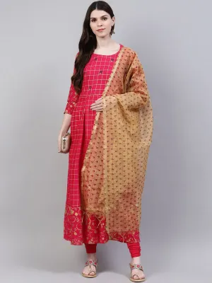 KURTA WITH DUPATTA - Women Checked Thread Work Kurta with Dupatta