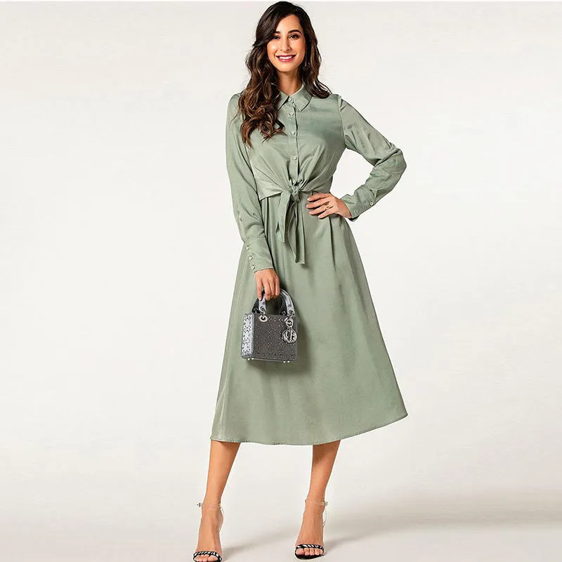 Ladies Hot Sale Fashion Elegant Long Sleeve Front Tie Bow Flare Casual Shirt Dress with Back Elasticity