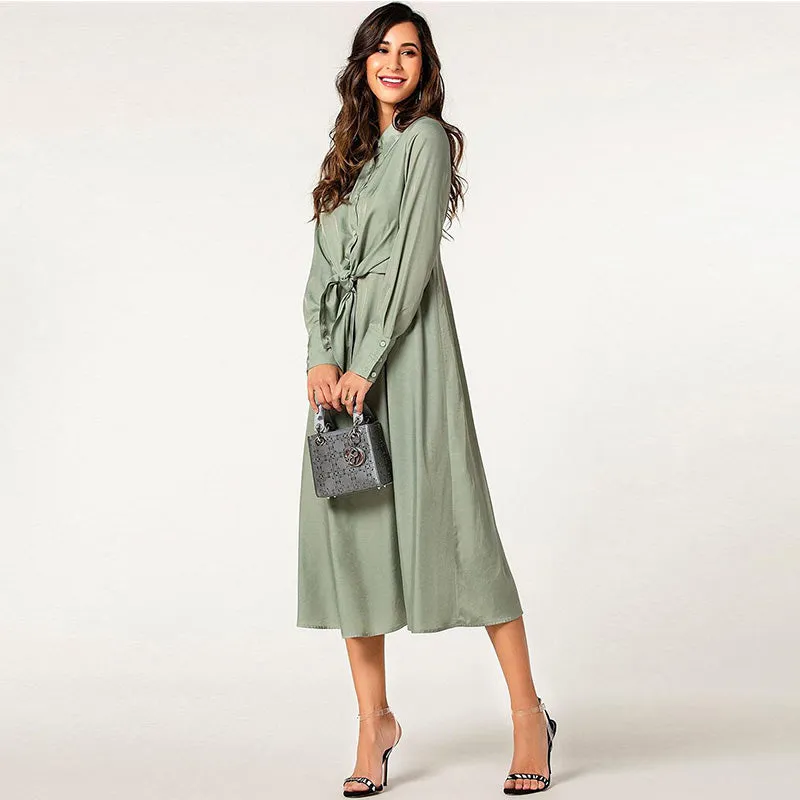 Ladies Hot Sale Fashion Elegant Long Sleeve Front Tie Bow Flare Casual Shirt Dress with Back Elasticity