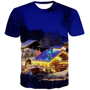 Landscape T-shirt Men House T shirts Funny Snow Tshirt Printed Christmas T-shirts 3d