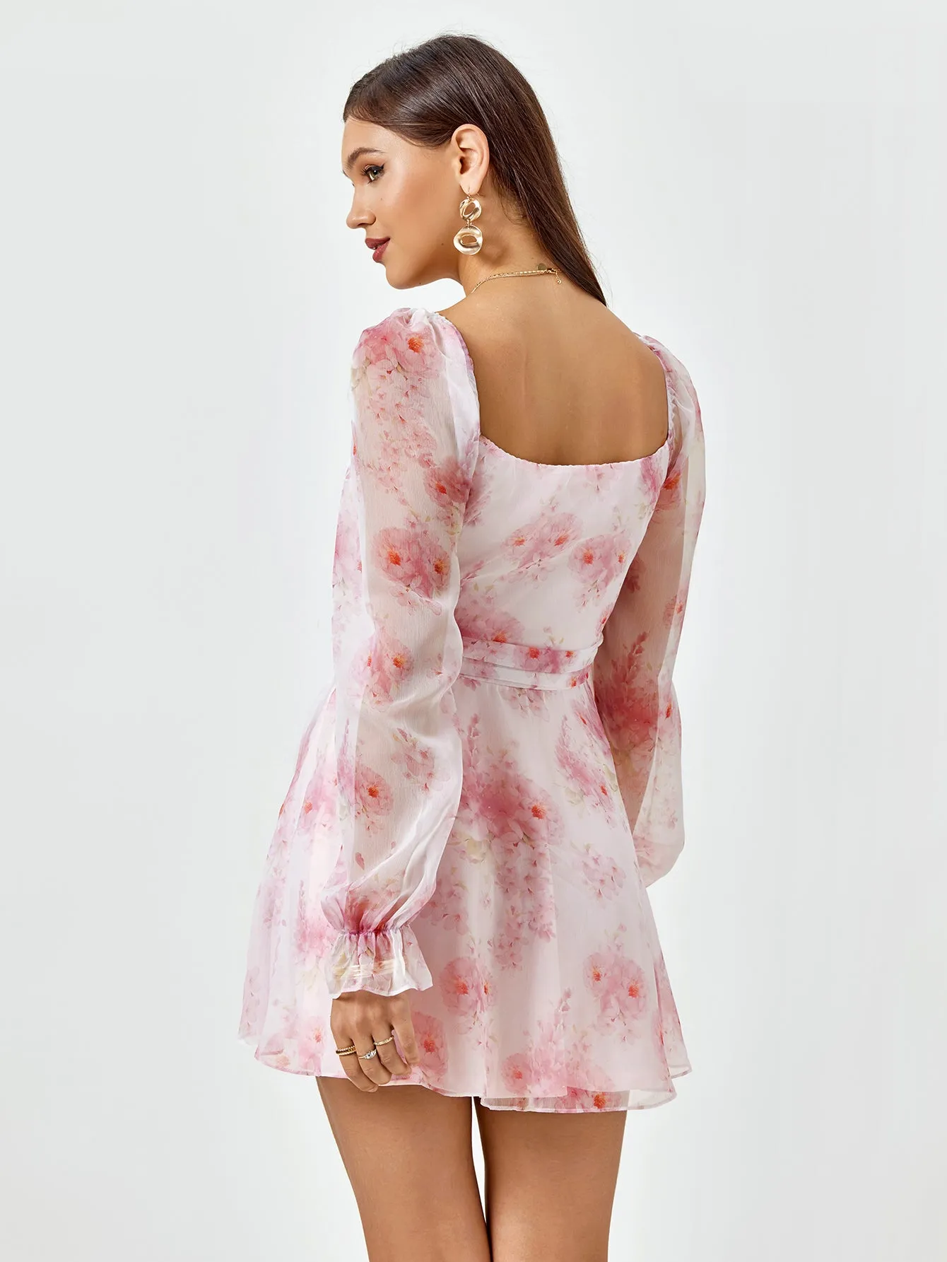 Lantern Sleeve Backless Floral Mini Dress