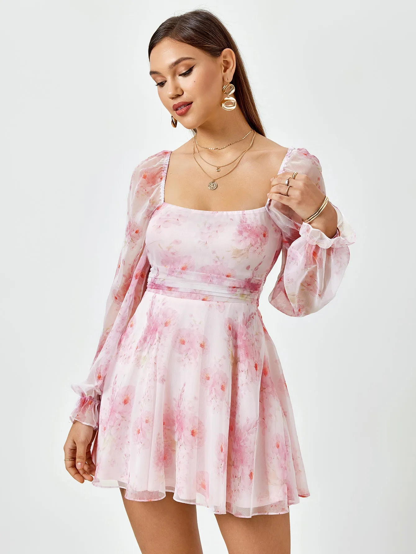 Lantern Sleeve Backless Floral Mini Dress